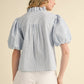 Striped Ruffle Button-Down Top (Marine Blue)