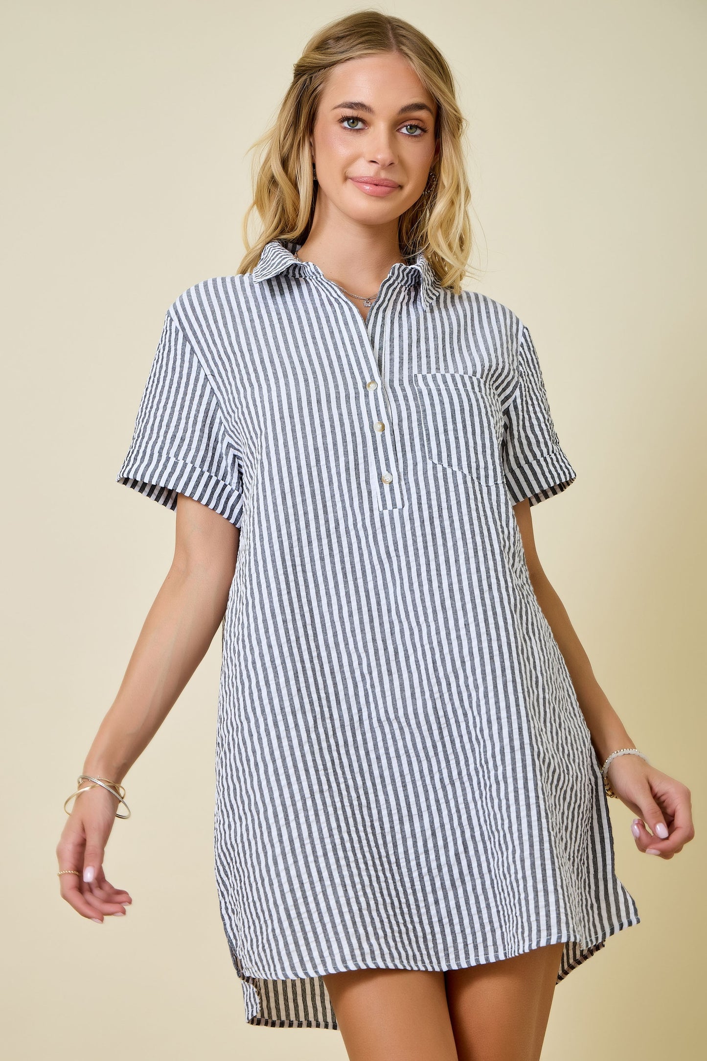 Juniors' Day + Moon Striped Seersucker Easy Shirt Dress