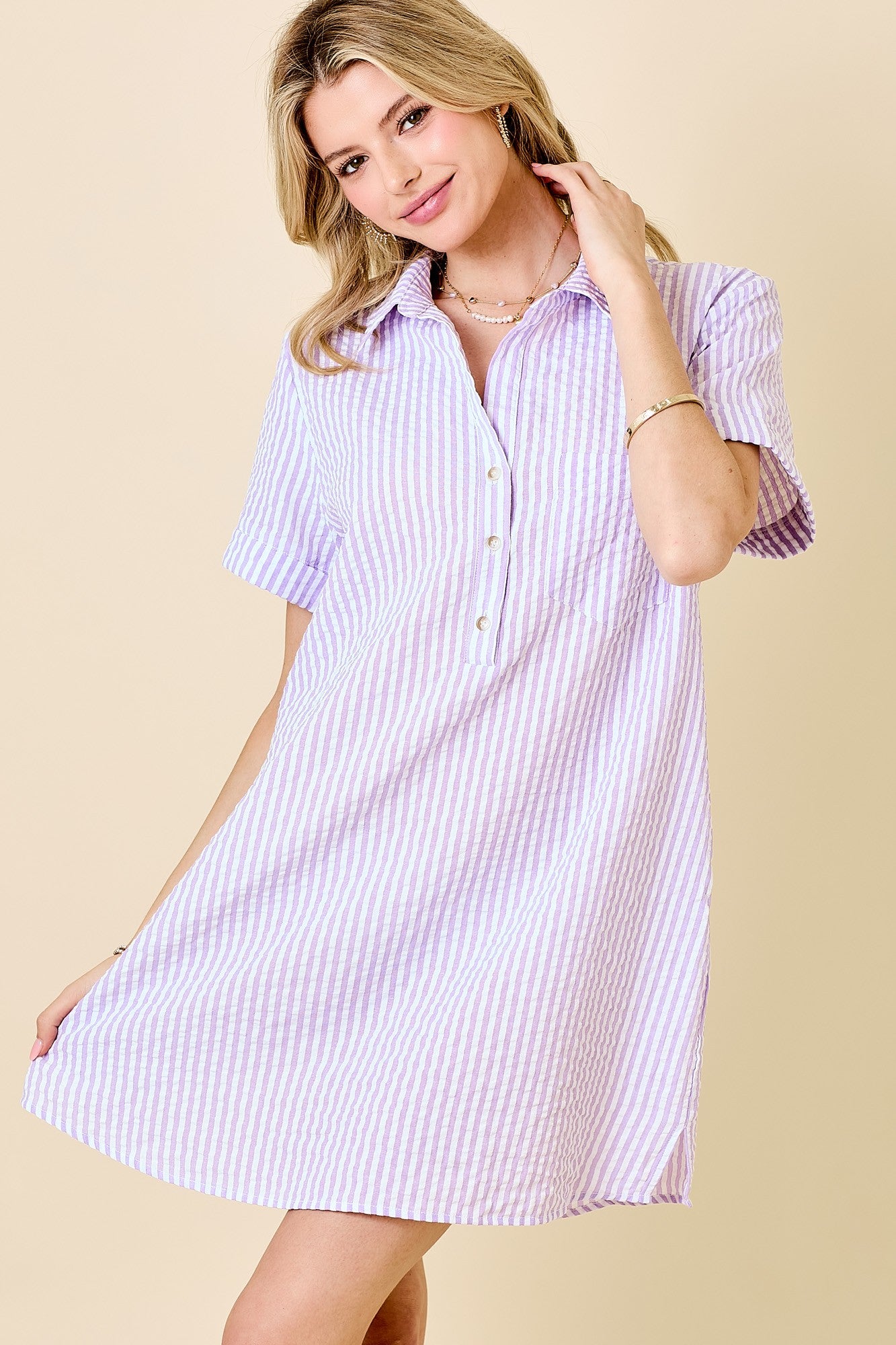 Juniors' Day + Moon Striped Seersucker Easy Shirt Dress