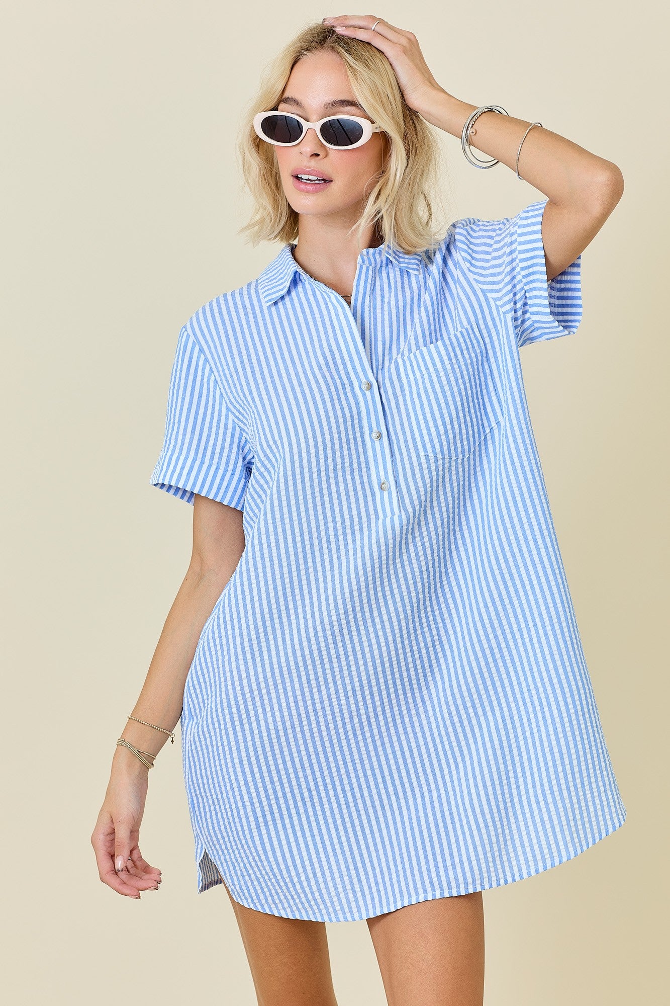 Juniors' Day + Moon Striped Seersucker Easy Shirt Dress
