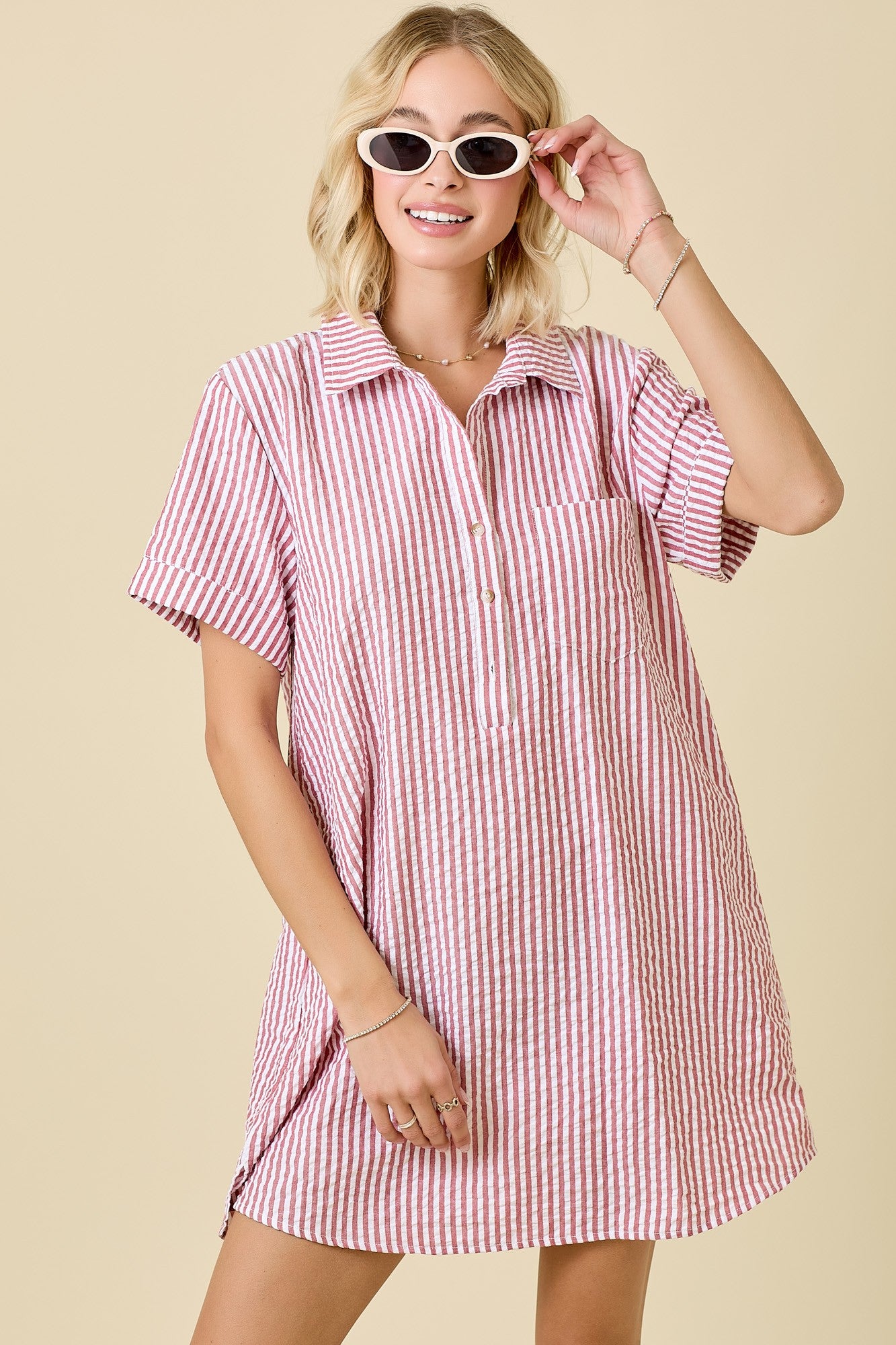 Juniors' Day + Moon Striped Seersucker Easy Shirt Dress