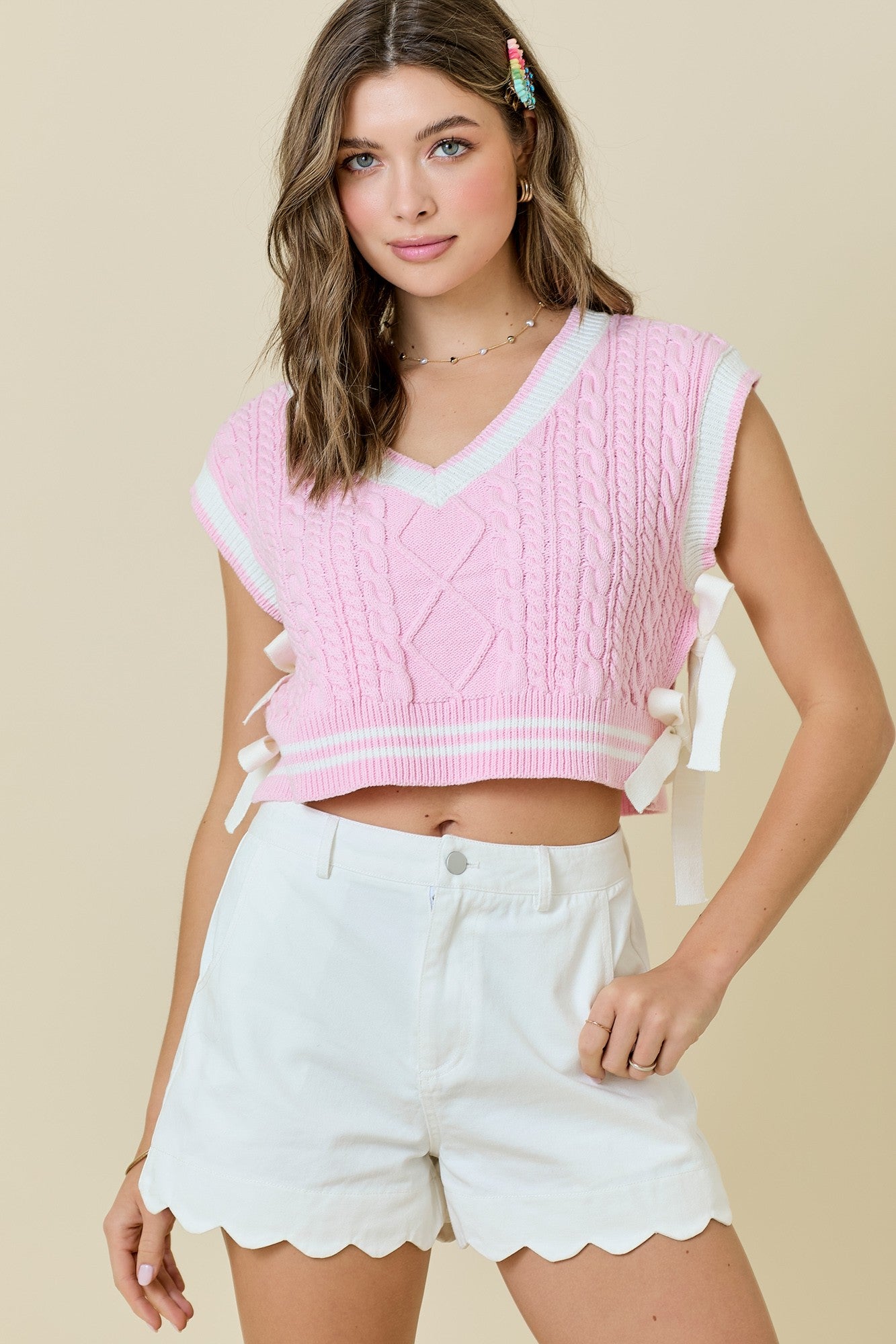 V Neck Striped Sweater Vest W/Bows (Baby Pink/White)