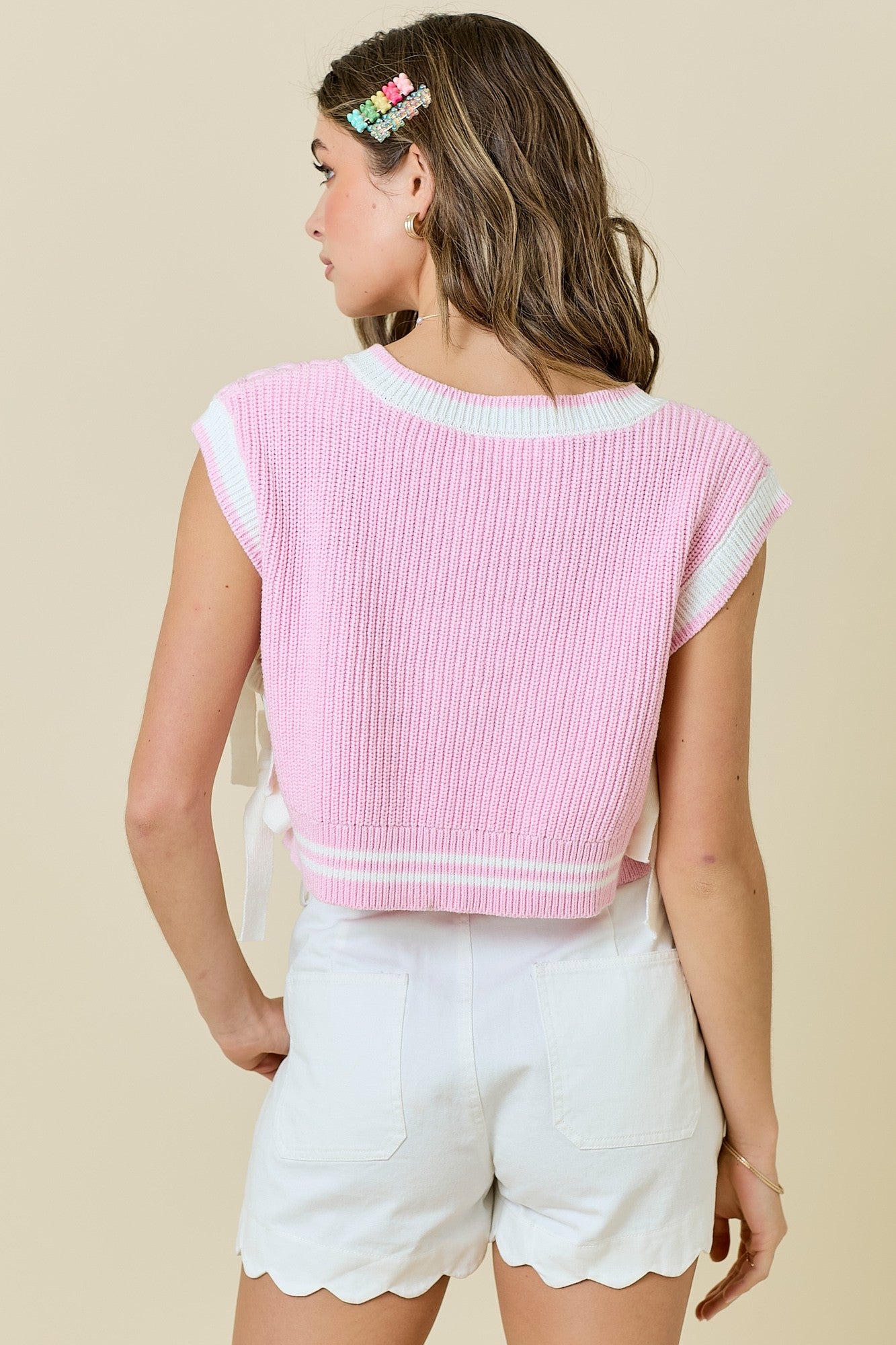 V Neck Striped Sweater Vest W/Bows (Baby Pink/White)