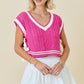 V Neck Striped Sweater Vest W/Bows (Hot Pink/White)