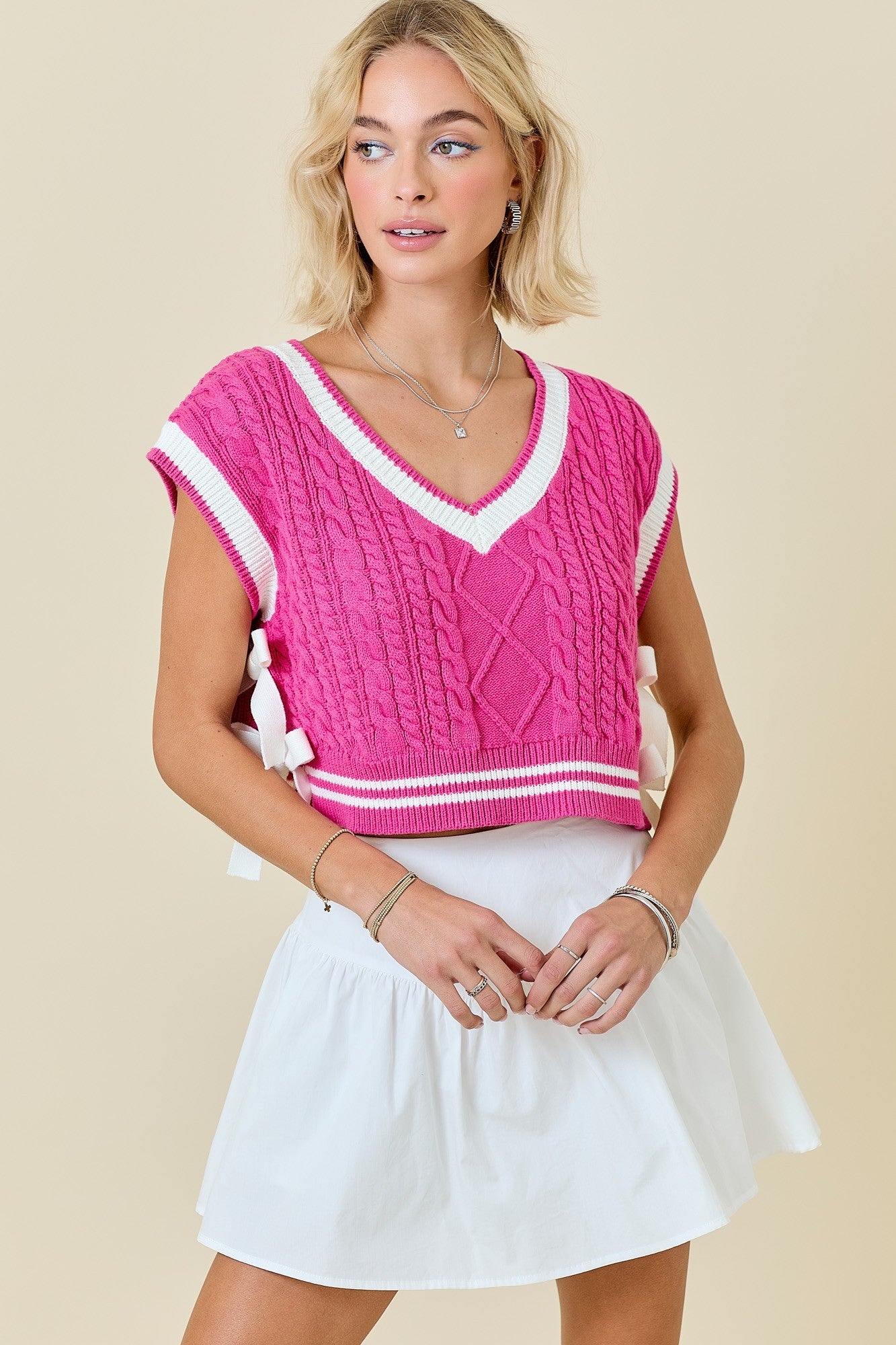 V Neck Striped Sweater Vest W/Bows (Hot Pink/White)