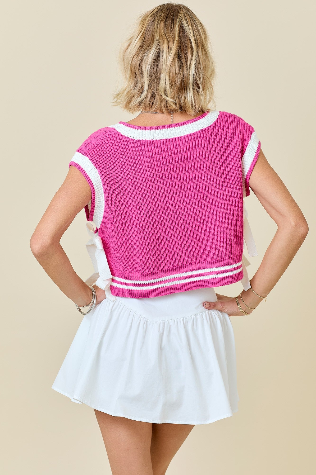 V Neck Striped Sweater Vest W/Bows (Hot Pink/White)