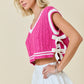 V Neck Striped Sweater Vest W/Bows (Hot Pink/White)