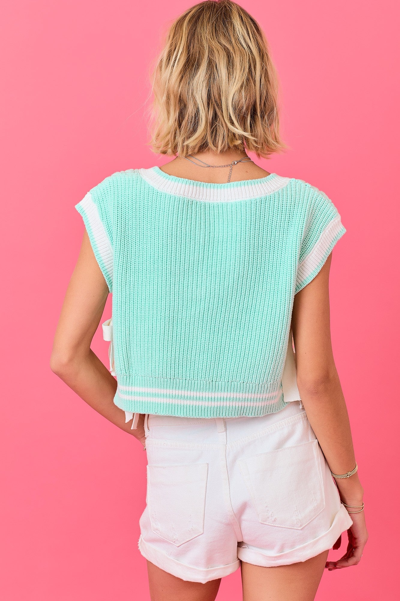 V Neck Striped Sweater Vest W/Bows (Mint/White)