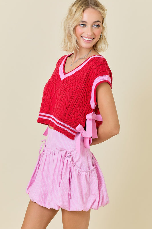 V Neck Striped Sweater Vest W/Bows (Red/Pink)