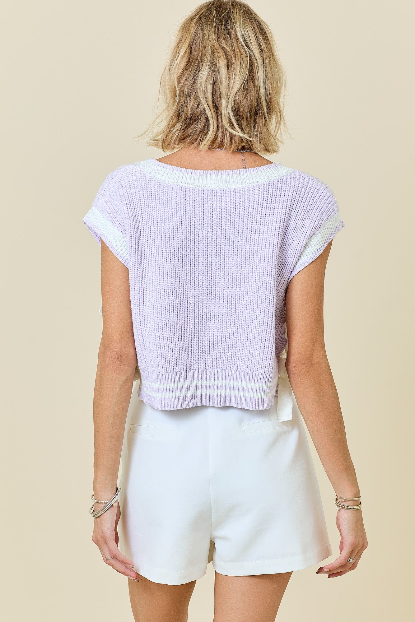 V Neck Striped Sweater Vest W/Bows (Lavender/White)