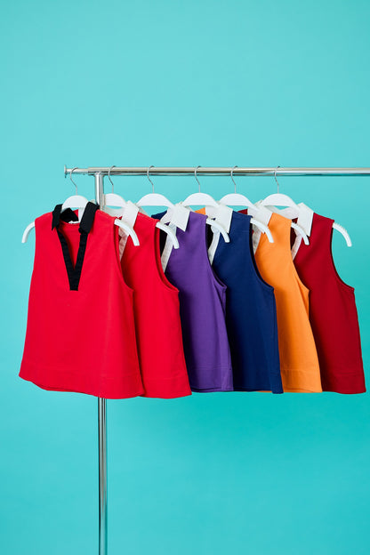 Day + Moon Sleeveless Contrasting Collar V-Neck Poplin Top