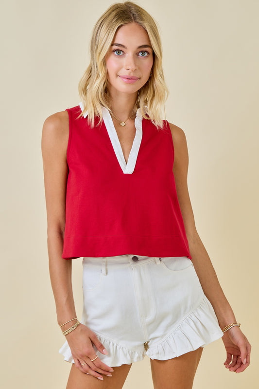 Day + Moon Sleeveless Contrasting Collar V-Neck Poplin Top