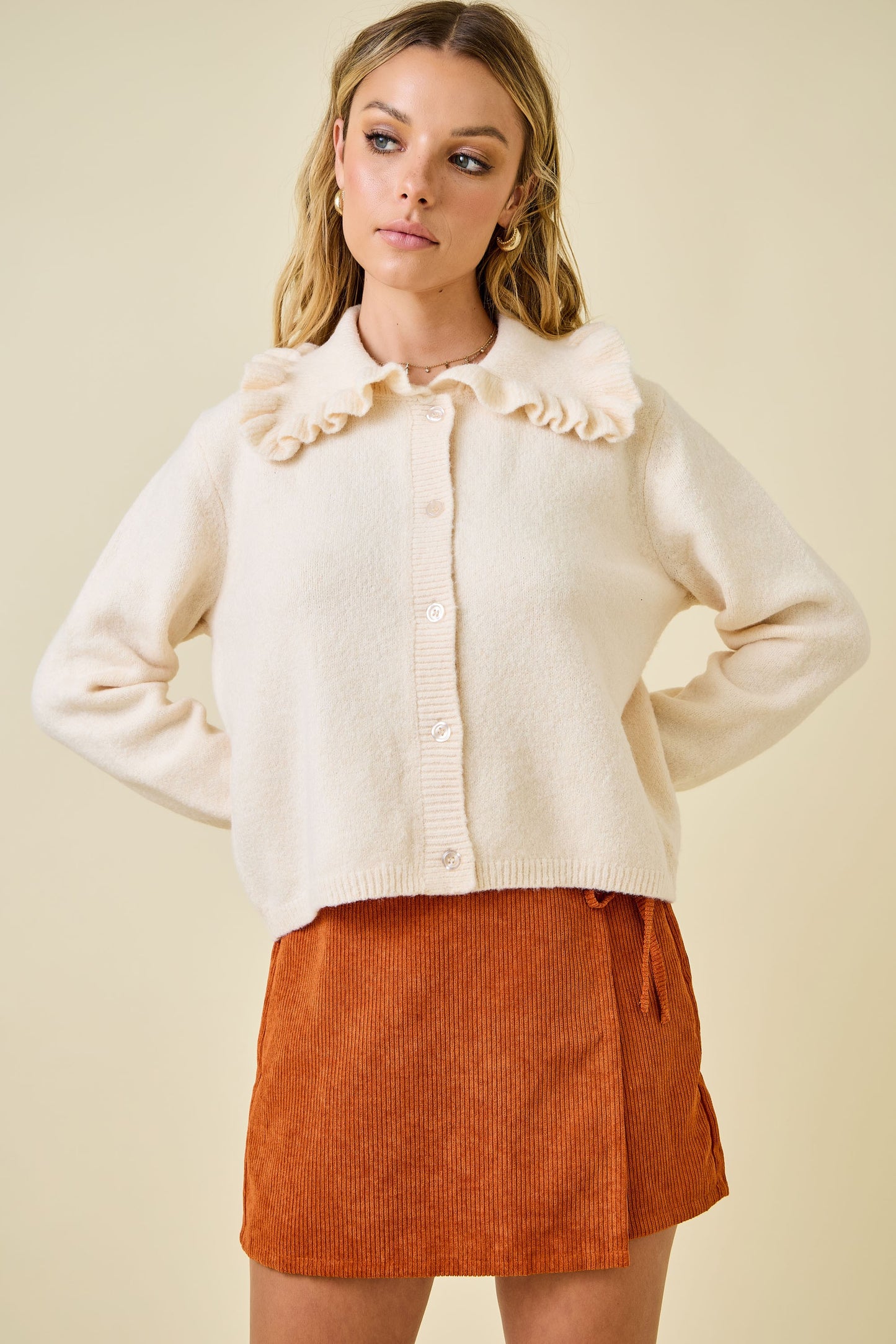 Juniors' Day + Moon Ruffle Collar Button Down Knit Cardigan Sweater