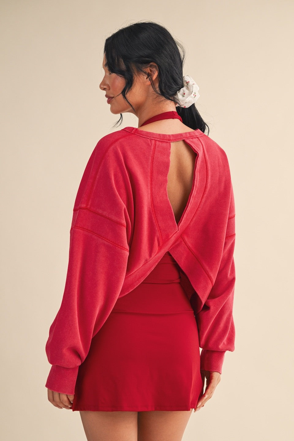 Juniors' Kimberly Mineral Wash Cutout Back Layering Sweatshirt