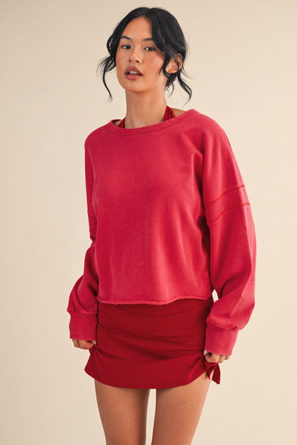 Juniors' Kimberly Mineral Wash Cutout Back Layering Sweatshirt