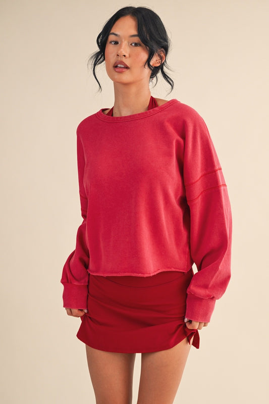 Juniors' Kimberly Mineral Wash Cutout Back Layering Sweatshirt