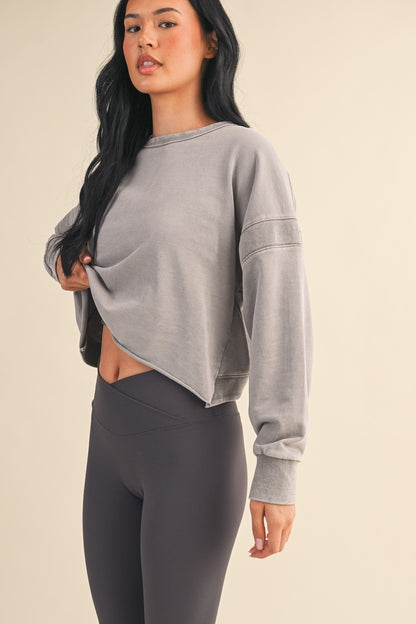 Juniors' Kimberly Mineral Wash Cutout Back Layering Sweatshirt