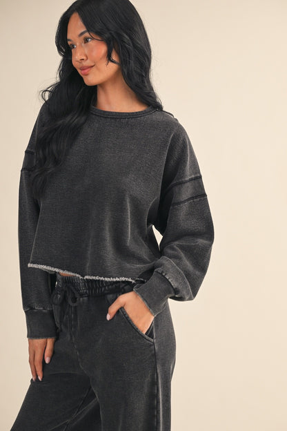 Juniors' Kimberly Denim Wash Cutout Back Layering Fleece-Lined Sweatshirt (Charcoal Denim)