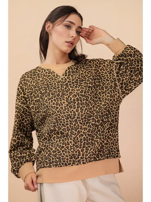 Leopard Printed Knit Casual Top (Beige Leopard)