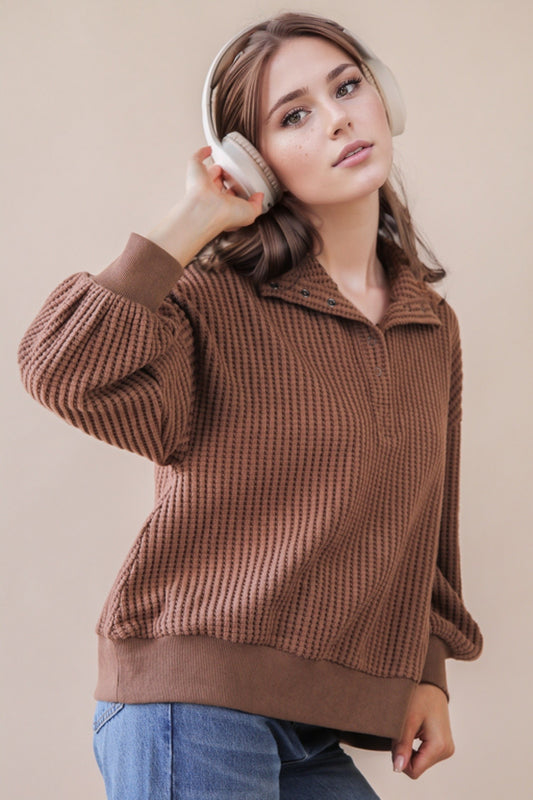 Oversized Half Button Down Casual Waffle Knit Top