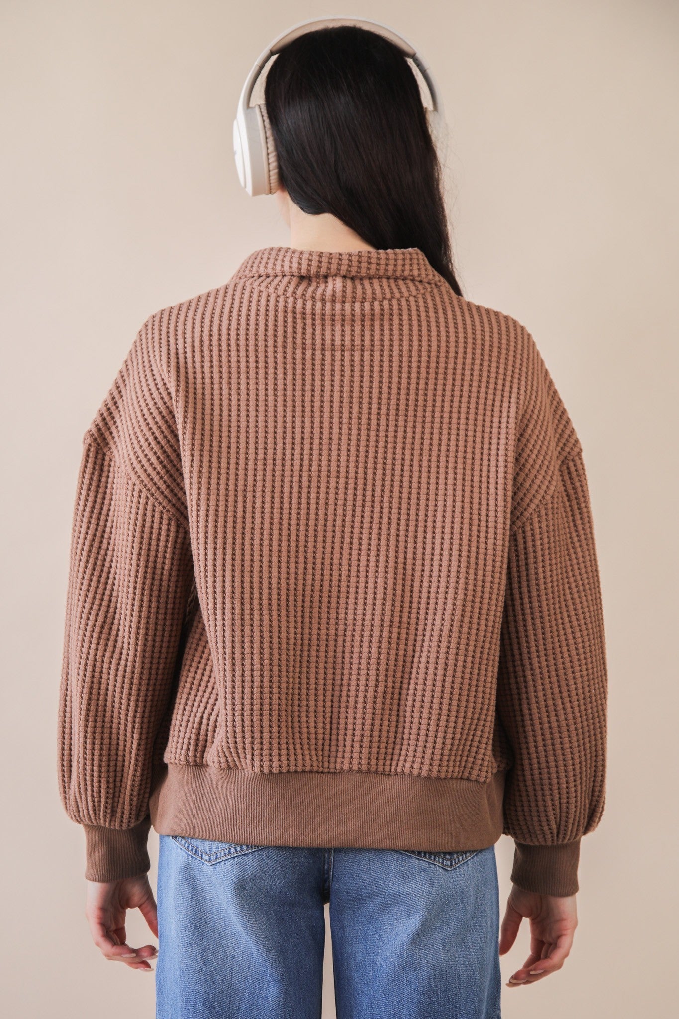 Oversized Half Button Down Casual Waffle Knit Top