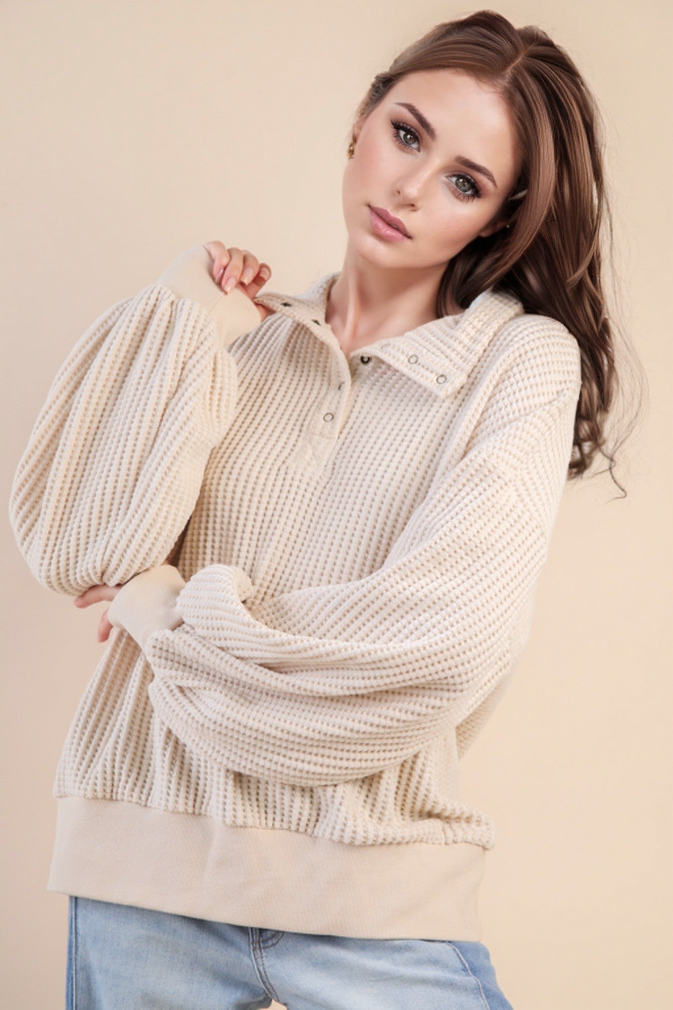 Oversized Half Button Down Casual Waffle Knit Top