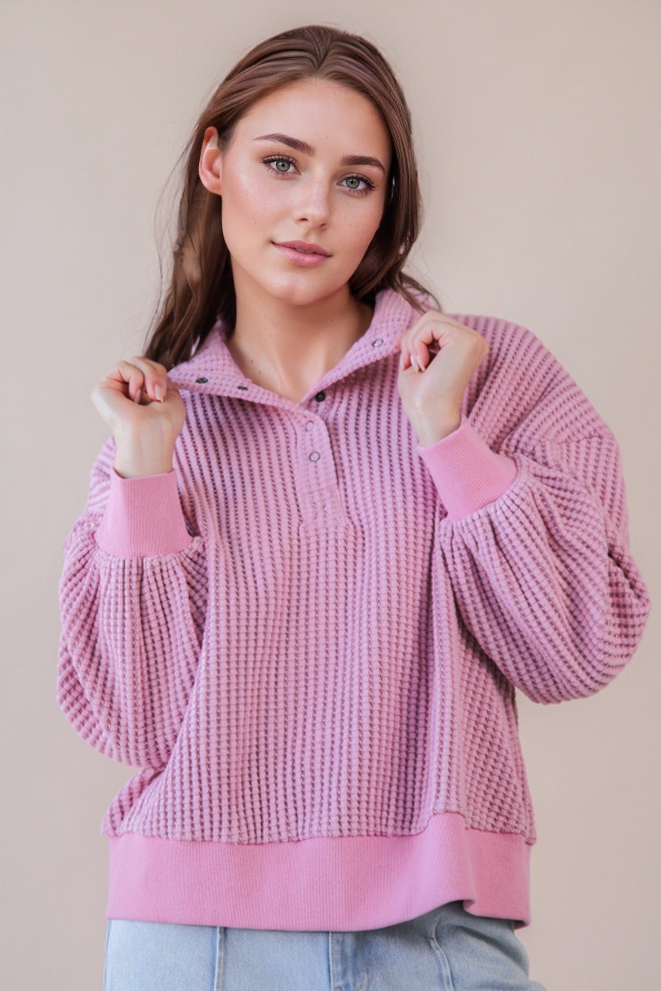 Oversized Half Button Down Casual Waffle Knit Top