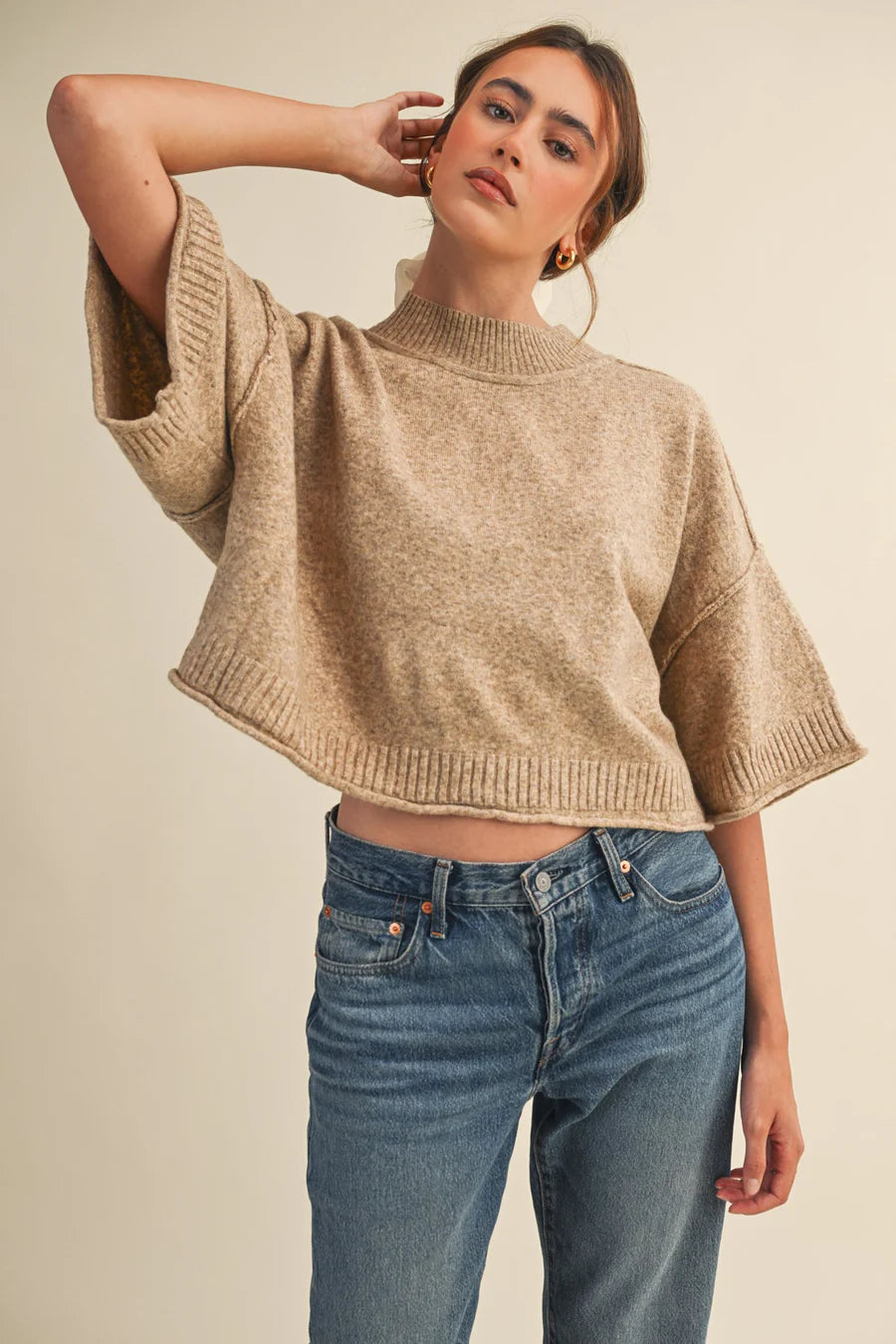 Juniors' &Merci Marled Knit Mock Neck S/S Sweater