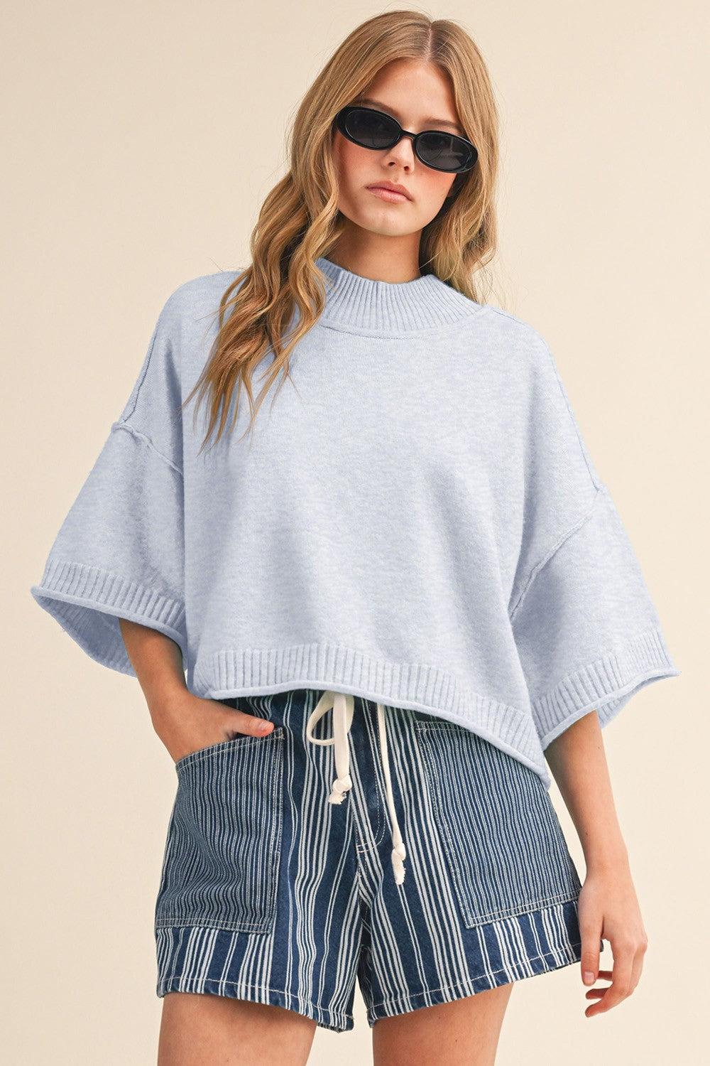 Juniors' &Merci Marled Knit Mock Neck S/S Sweater
