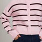 Juniors' Le Lis L/S Ribbed Wide Crew Neck Stripe Cardigan Sweater