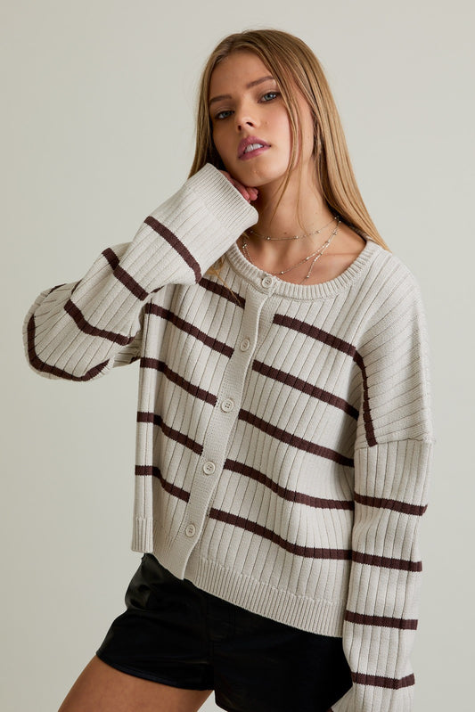 Juniors' Le Lis L/S Ribbed Wide Crew Neck Stripe Cardigan Sweater
