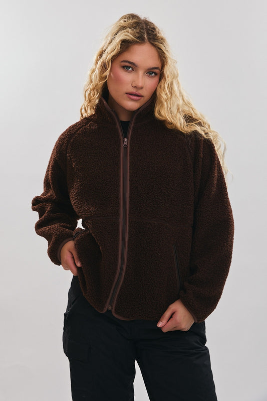 Juniors' Le Lis Raglan Sleeve Mock Neck Fleece Jacket (Brown)