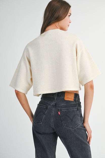 Juniors' Mable Knit Elbow Sleeve Button Down Crop Cardigan (Cream)