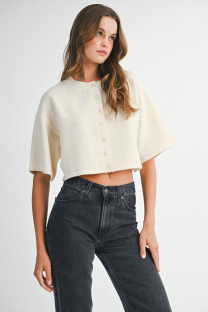 Juniors' Mable Knit Elbow Sleeve Button Down Crop Cardigan (Cream)