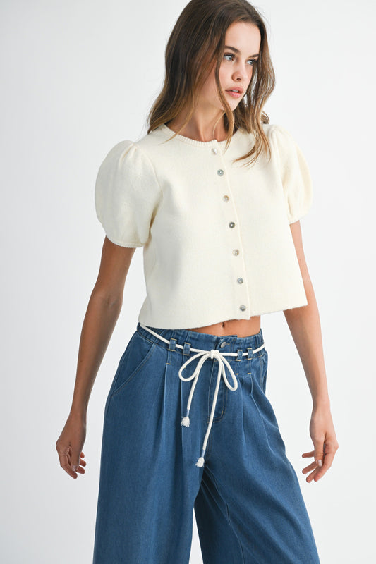 Juniors' Mable Puff S/S Crew Neck Button Down Knit Top