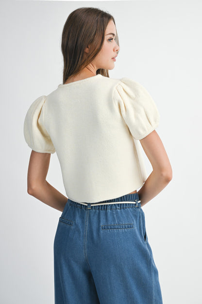 Juniors' Mable Puff S/S Crew Neck Button Down Knit Top