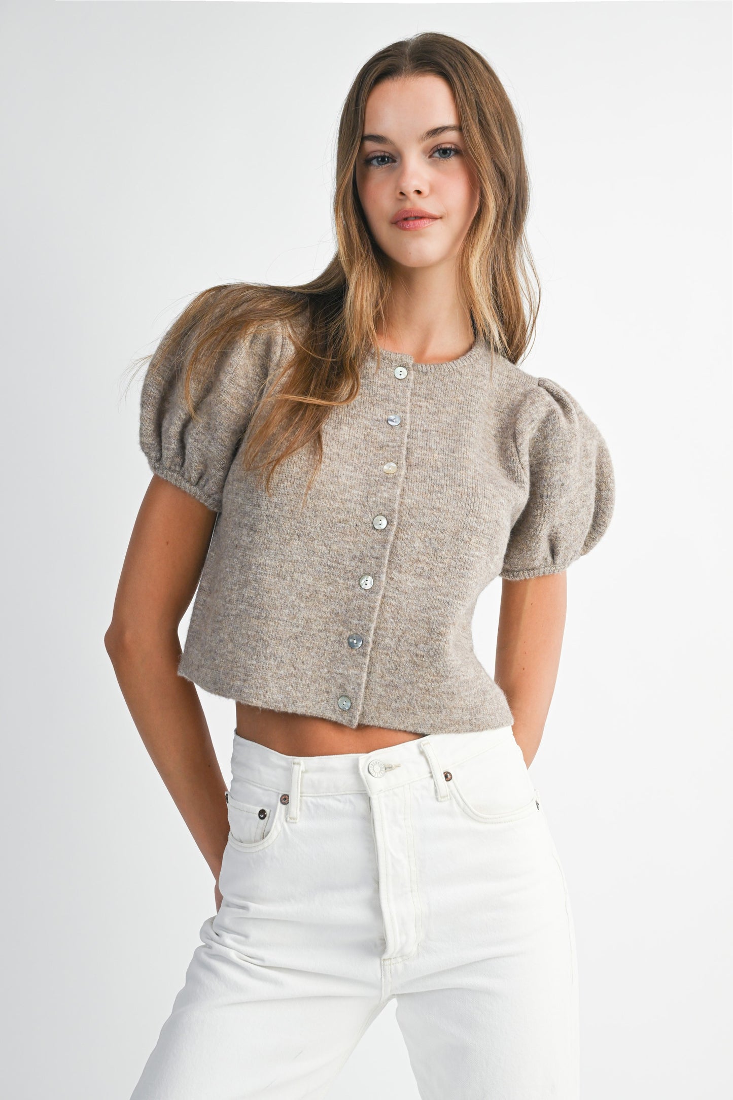 Juniors' Mable Puff S/S Crew Neck Button Down Knit Top