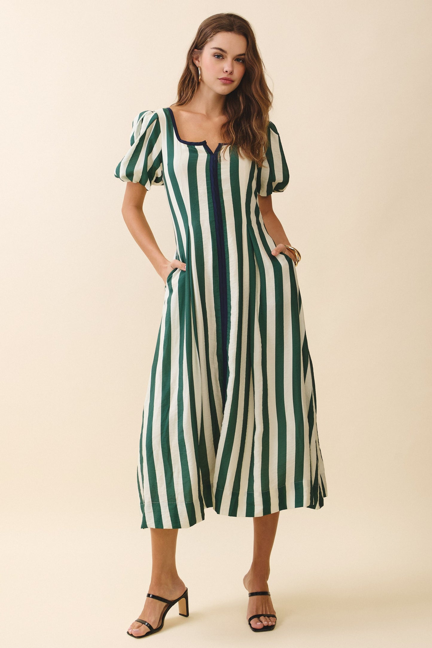 Juniors' Pretty Follies Bold Vertical Stripes Square Neck Midi Dress (Green)