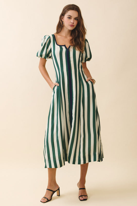 Juniors' Pretty Follies Bold Vertical Stripes Square Neck Midi Dress (Green)