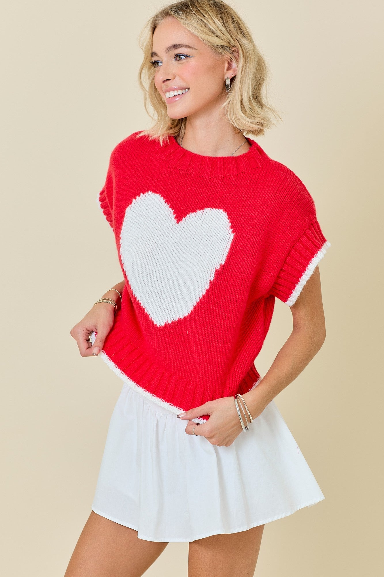 Juniors' Day + Moon Boxy Heart Knit Sweater Top (Red/White)