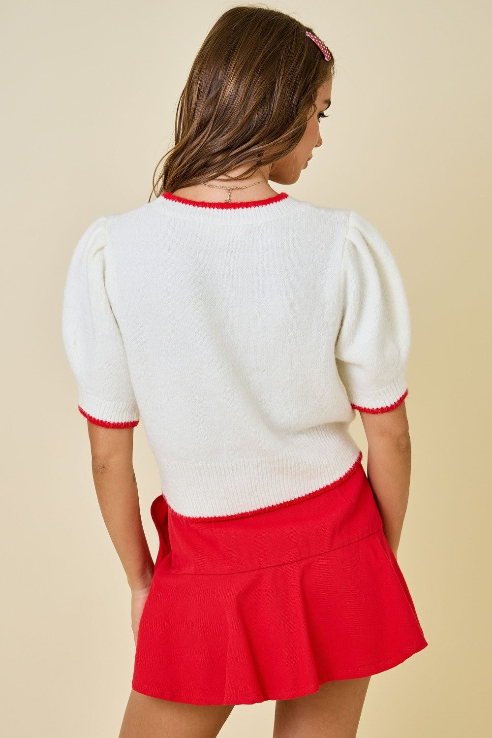 Juniors' Day + Moon Heart Contrast Hem Top (Off White/Red)