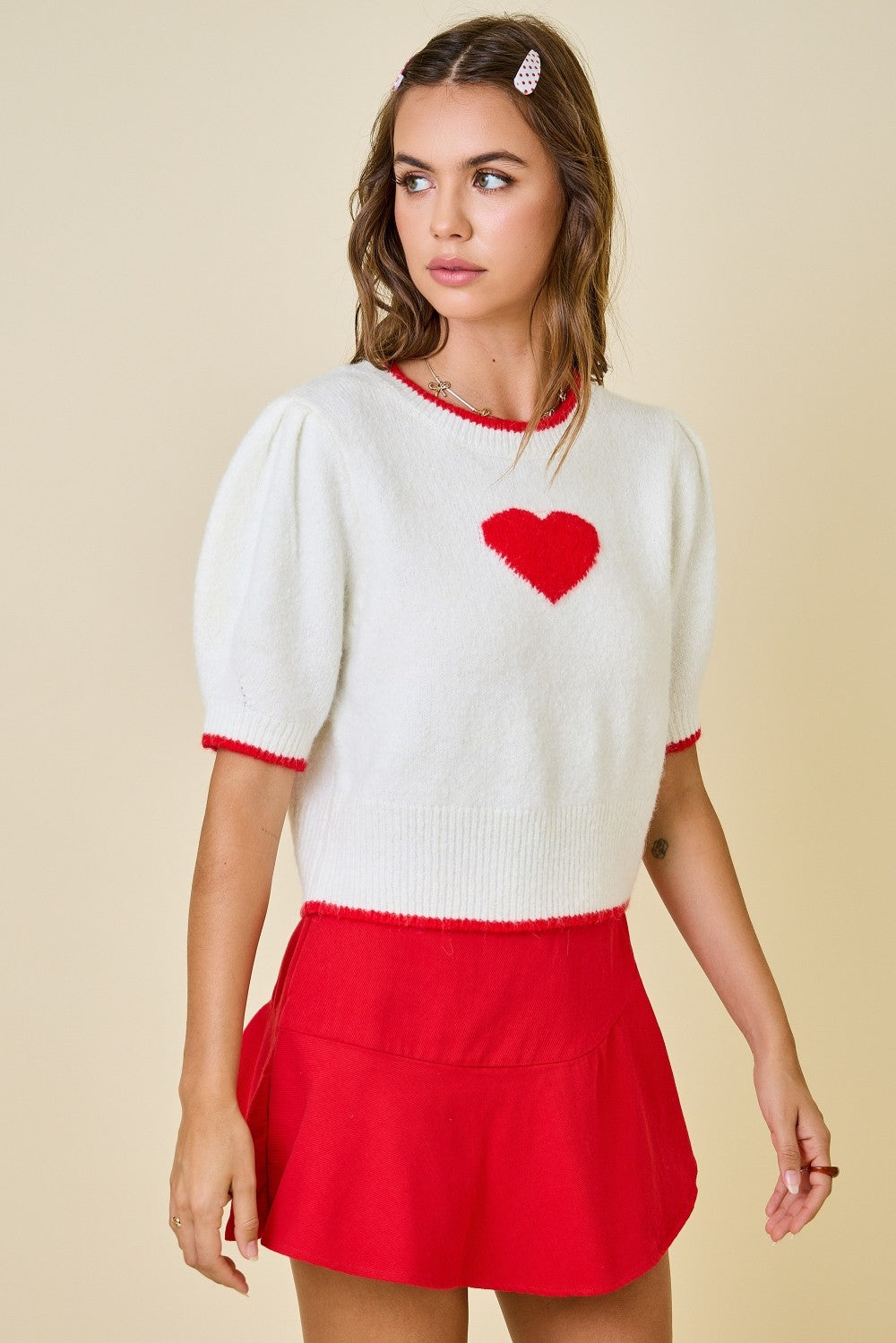 Juniors' Day + Moon Heart Contrast Hem Top (Off White/Red)