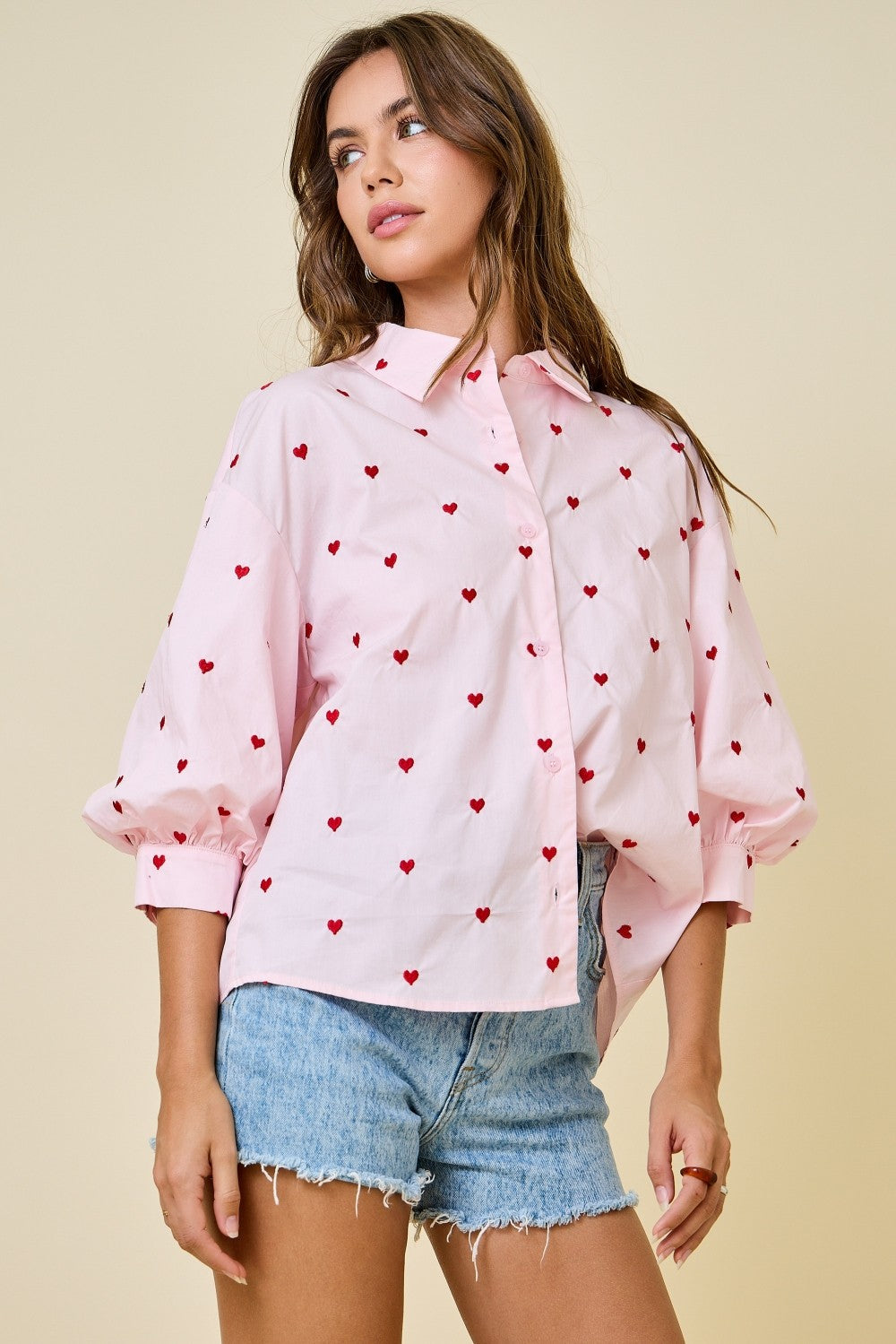 Juniors' Day + Moon Heart Embroidered Button Down Shirt (Pink/Red)