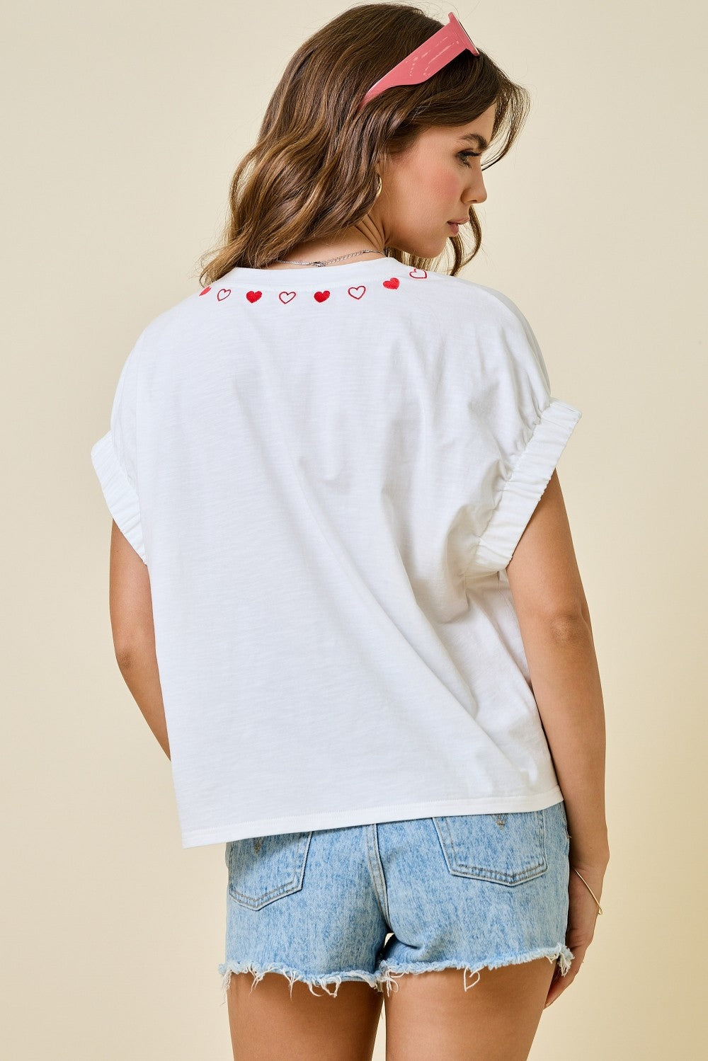 Juniors' Day + Moon Hearts Embroidered Trim Relaxed Fit Top (Off White/Red)
