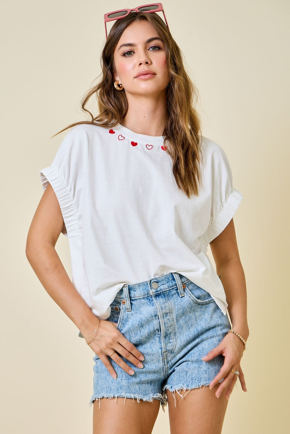 Juniors' Day + Moon Hearts Embroidered Trim Relaxed Fit Top (Off White/Red)