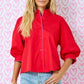 Juniors' Day + Moon Button Down W/Bubble Sleeve Contrast Piping Top (Red/Pink)