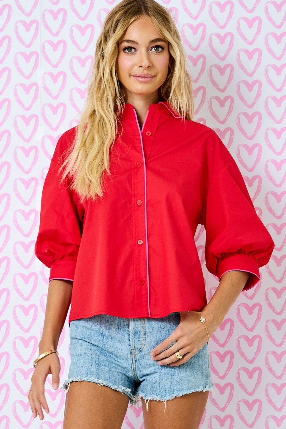 Juniors' Day + Moon Button Down W/Bubble Sleeve Contrast Piping Top (Red/Pink)