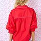 Juniors' Day + Moon Button Down W/Bubble Sleeve Contrast Piping Top (Red/Pink)