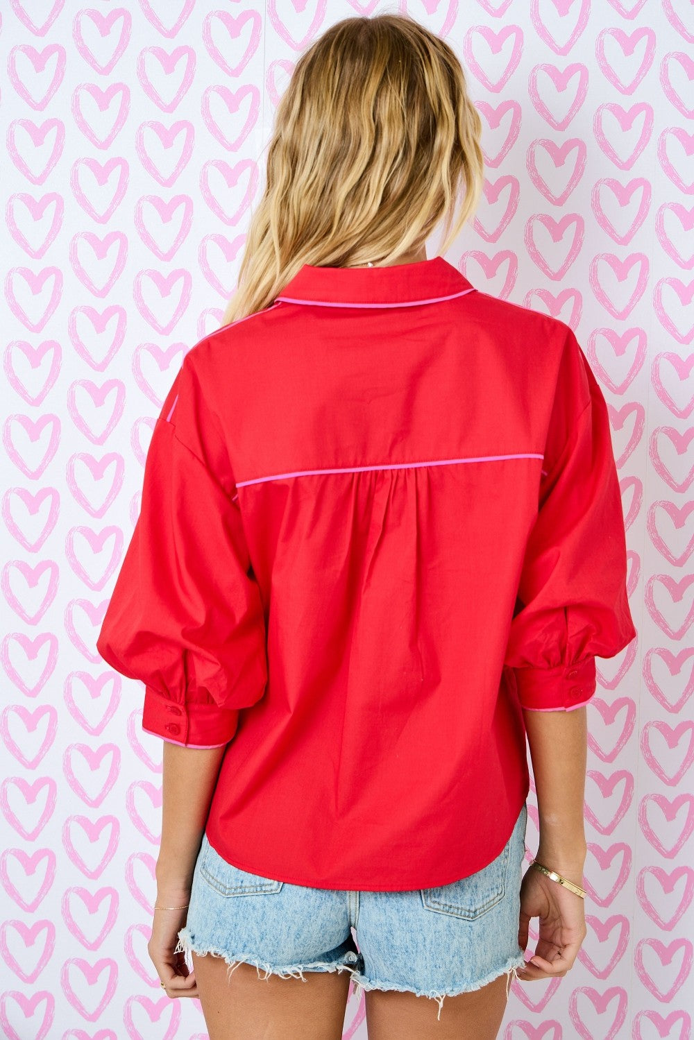 Juniors' Day + Moon Button Down W/Bubble Sleeve Contrast Piping Top (Red/Pink)