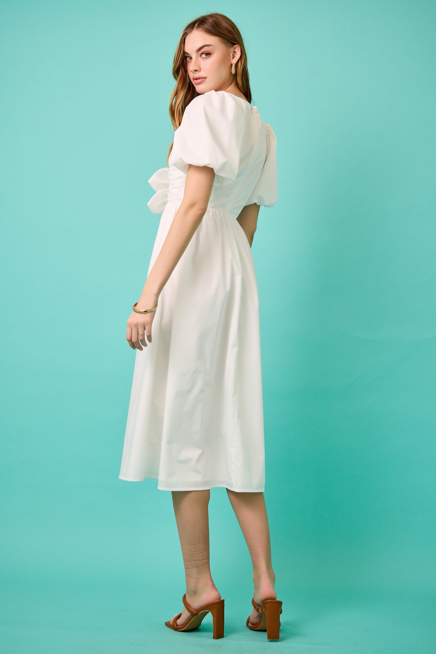 Juniors' Day + Moon Solid Midi W/Bow Detail Dress (Off White)